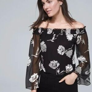 White House Black Market Smocked Black and White Blouse